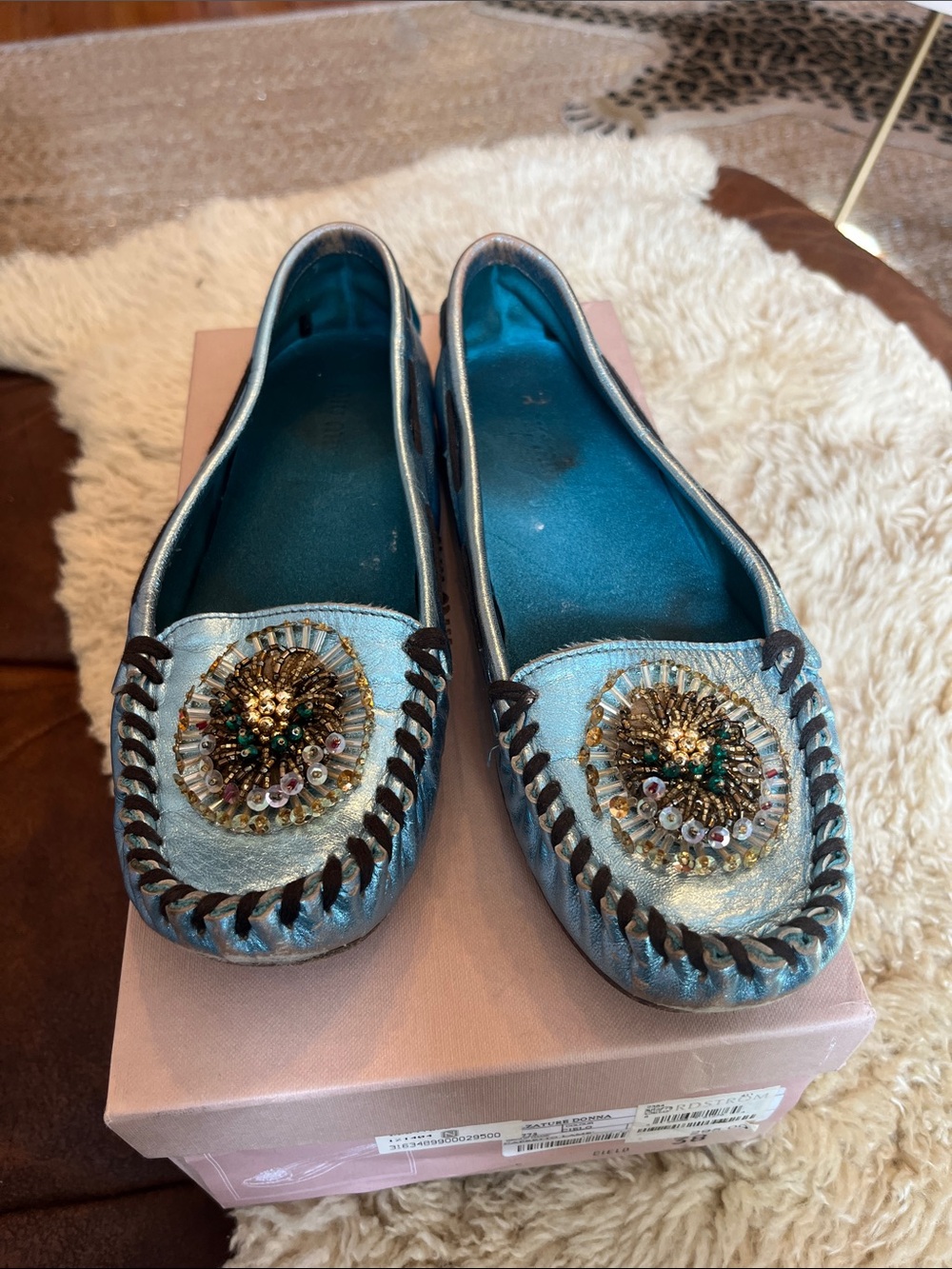 Miu Miu Metallic Blue Embellished Women’s Moccasin Flats